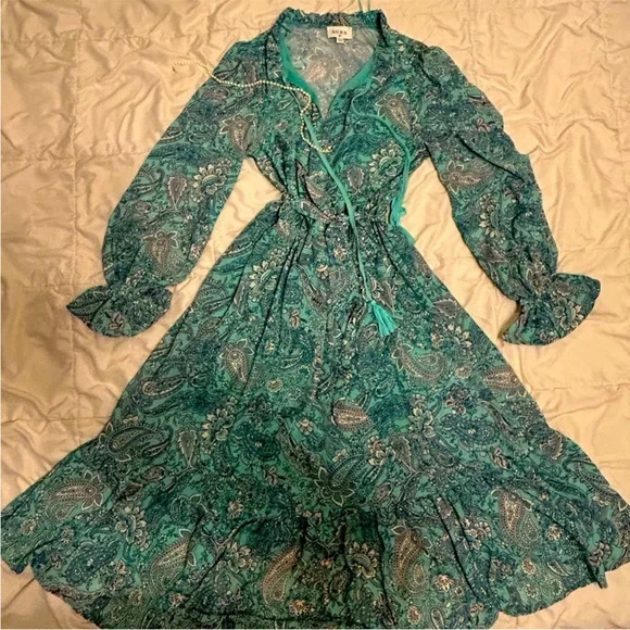 ❤️ Aura Turquoise Paisley Floral Modest Beautiful Long Sleeve Dress Blue Green - Picture 3 of 8